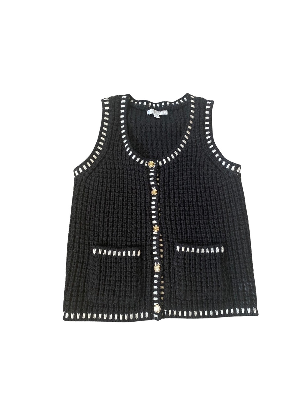 Design History Black Knit Button-Up Vest with White Edge